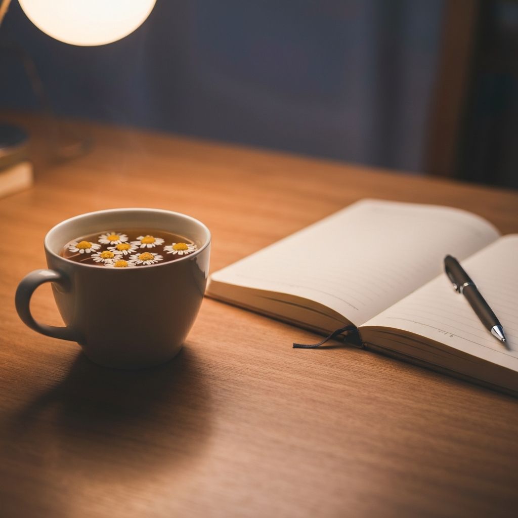 Чай и бележник за планиране на вечерния ритуал